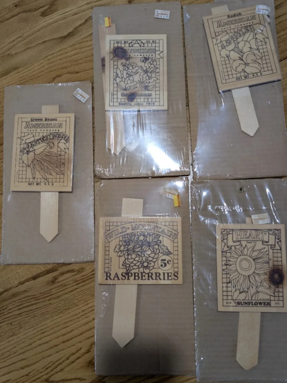 5 Vintage NOS Pinehouse DIY CRAFT Garden Stakes Green Beans Sunflower Radish